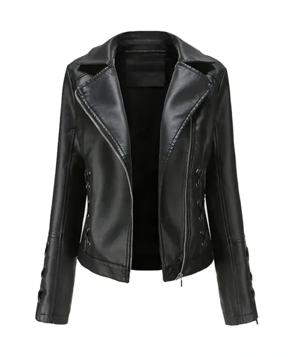 Slim Fit Motorcycle Black Leather Coat Womens Front webp