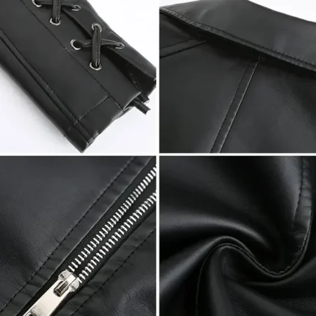 Slim Fit Motorcycle Black Leather Coat Womens Specs webp