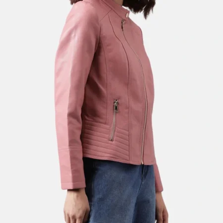 Sofia Pink Womens Racer Leather Jacket Left webp