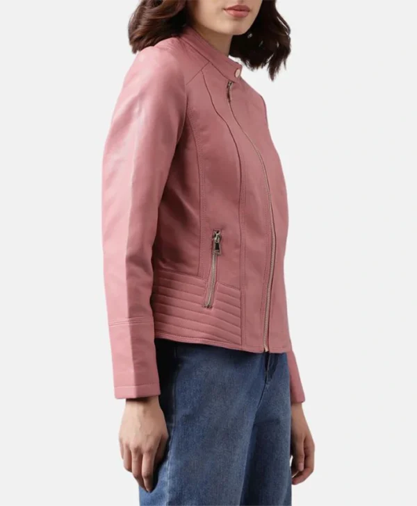 Sofia Pink Womens Racer Leather Jacket Left webp