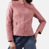 Sofia Pink Womens Racer Leather Jacket Main webp