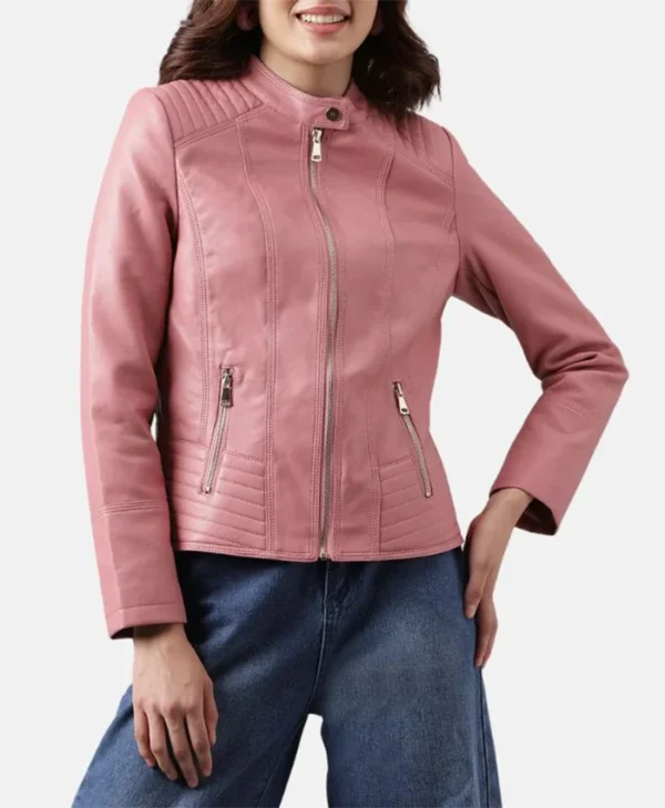Sofia Pink Womens Racer Leather Jacket Main webp
