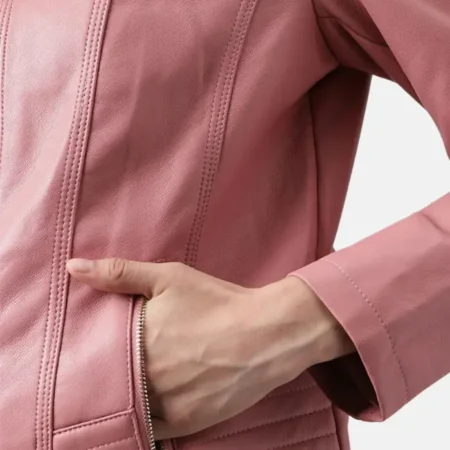 Sofia Pink Womens Racer Leather Jacket Pockets webp