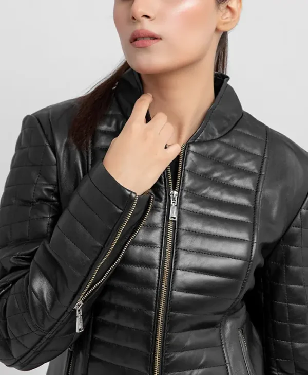Sophia Womens Quilted Leather Jacket Collar webp