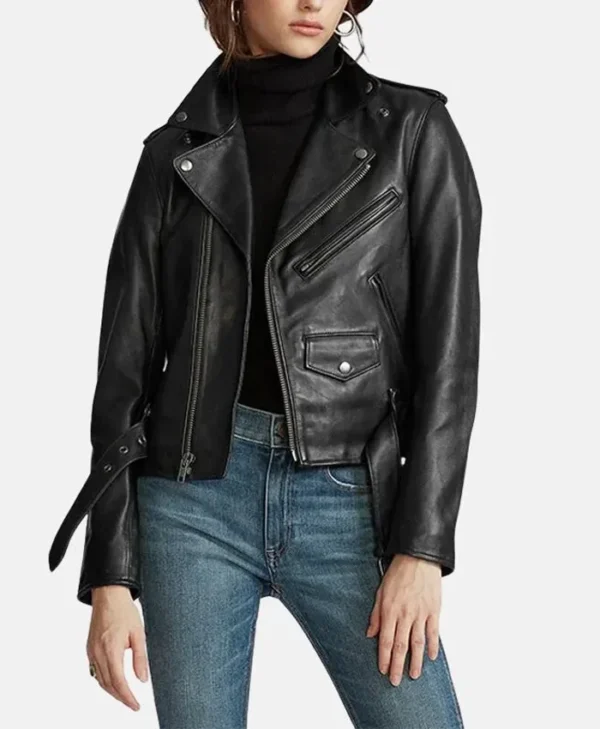 Stacie Black Leather Biker Jacket Womens Main webp