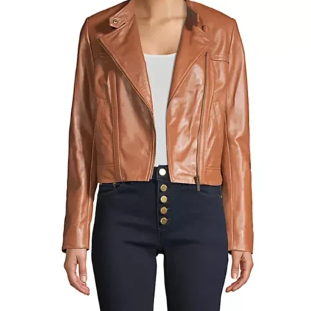 Stacie Brown Leather Cropped Jacket Womens Closure webp