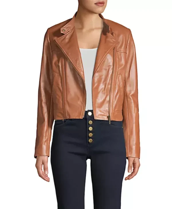 Stacie Brown Leather Cropped Jacket Womens Closure webp