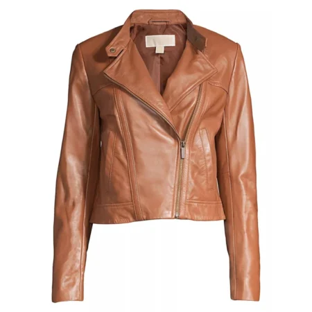 Stacie Brown Leather Cropped Jacket Womens Front webp