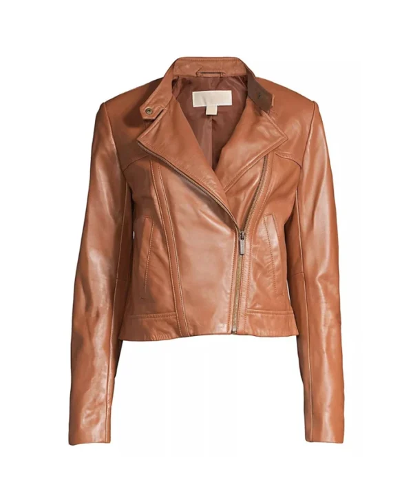 Stacie Brown Leather Cropped Jacket Womens Front webp