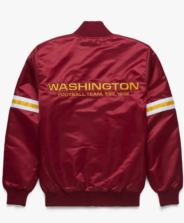 Starter Satin Washington Commanders Burgundy Bomber Jacket back webp