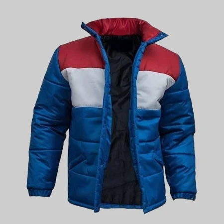 Stranger Things Joyce Blue Red and White Puffer Jacket webp