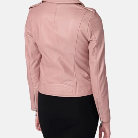 Stylish Pink Womens Biker Leather Jacket Back webp