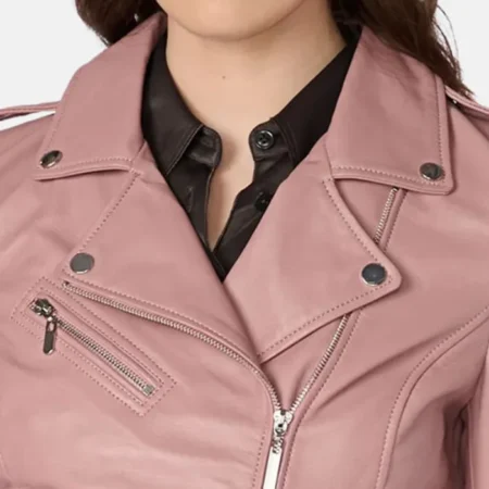 Stylish Pink Womens Biker Leather Jacket Collar webp
