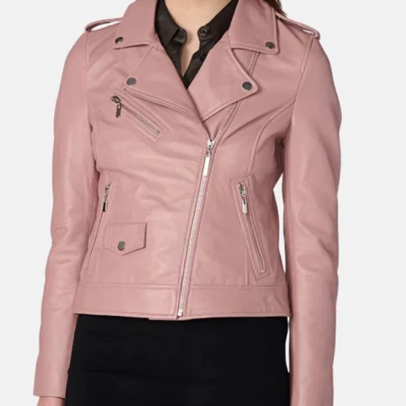 Stylish Pink Womens Biker Leather Jacket Main webp
