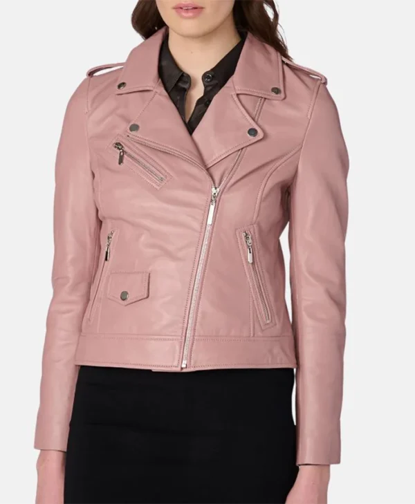 Stylish Pink Womens Biker Leather Jacket Main webp