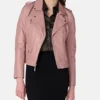 Stylish Pink Womens Biker Leather Jacket Zipper webp