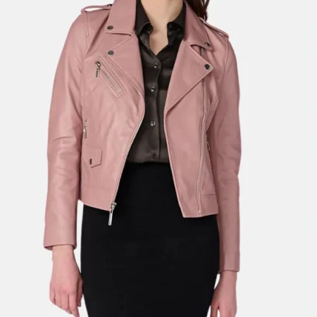 Stylish Pink Womens Biker Leather Jacket Zipper webp