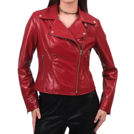 Stylish Womens Red Leather Biker Jacket Front webp