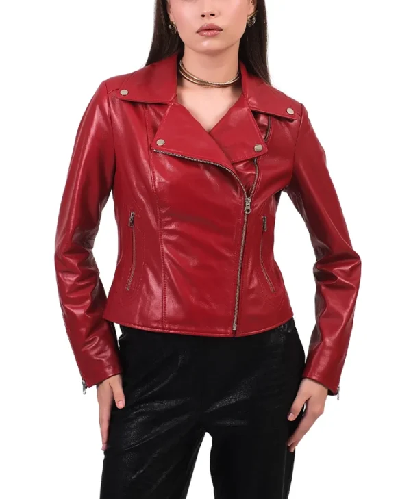 Stylish Womens Red Leather Biker Jacket Front webp