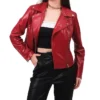 Stylish Womens Red Leather Biker Jacket Pocket webp