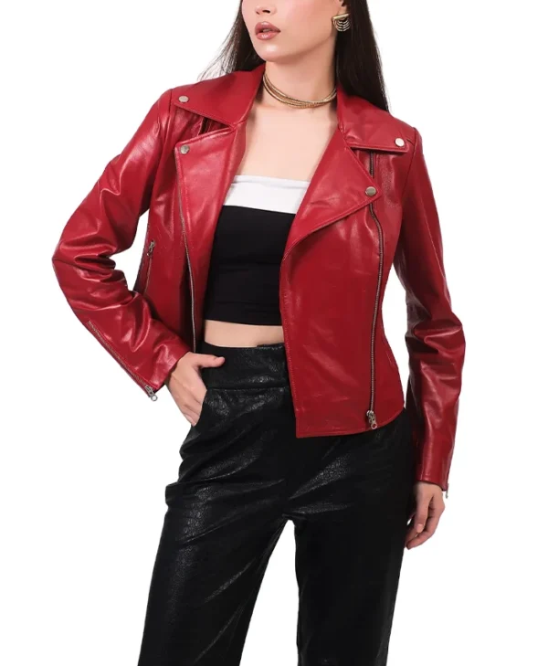 Stylish Womens Red Leather Biker Jacket Pocket webp