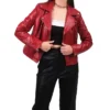 Stylish Womens Red Leather Biker Jacket Zipper webp
