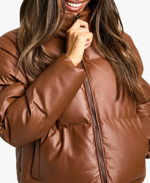 Tan Faux Leather Puffer Jacket webp