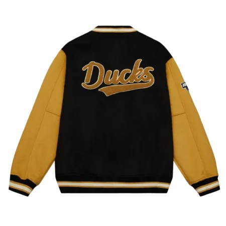 Team Legacy Anaheim Ducks Black and Brown Varsity Full Snap Wool Jacket webp