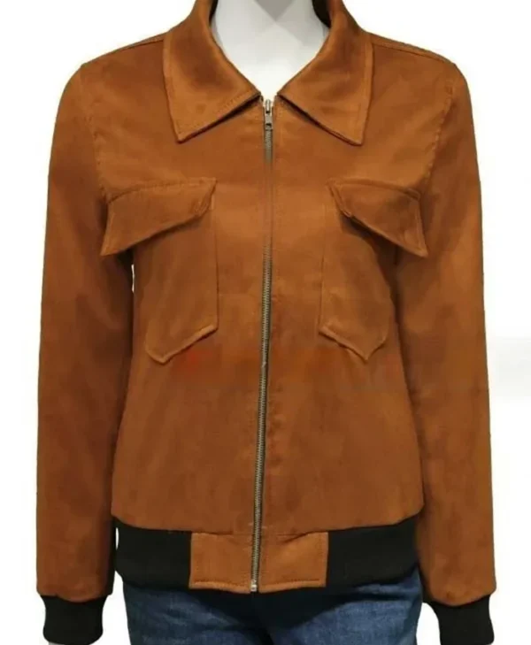 The Gray Man Ana de Armas Brown Cropped Bomber Jacket on Sale