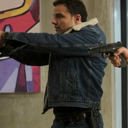 The Hunting Party S01 Shane Florence Sherpa Denim Jacket Side webp