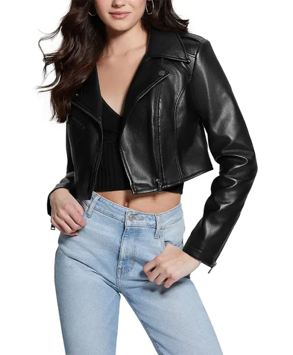 Trendy Black Cropped Leather Biker Jacket Womens Main webp