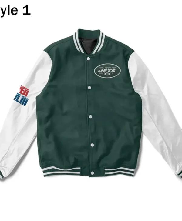 Varsity NY Jets Super Bowler White and Green Jacket webp