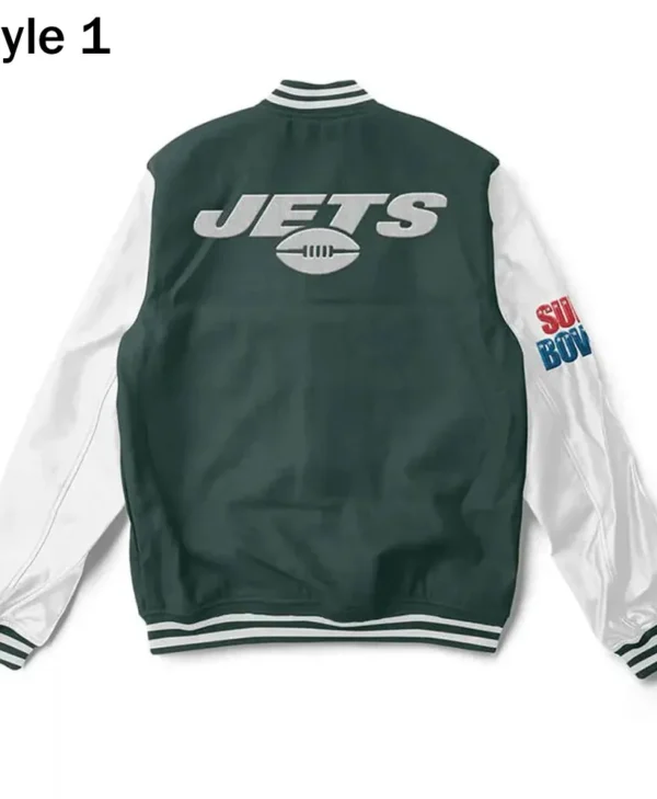 Varsity NY Jets Super Bowler White and Green Jacket back webp