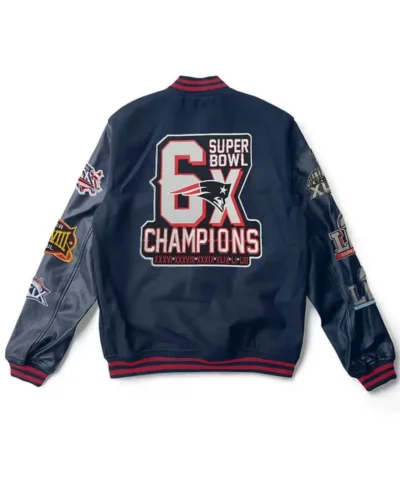 Varsity New England Patriots 6X Super Bowl Champions Navy Jacket back webp