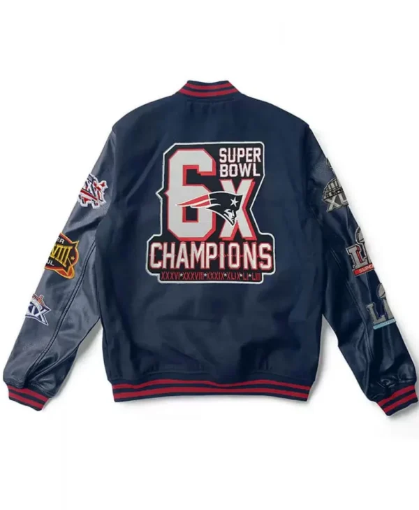 Varsity New England Patriots 6X Super Bowl Champions Navy Jacket back webp