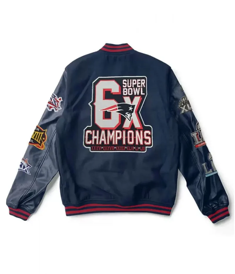 Varsity New England Patriots 6X Super Bowl Champions Navy Jacket back webp