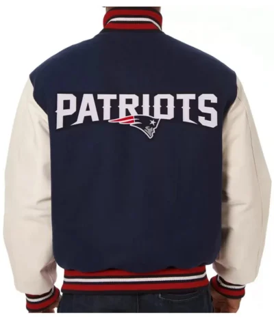 Varsity New England Patriots Blue and White Jacket back webp