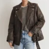 Vintage Brown Distressed Leather Biker Jacket Women Main webp