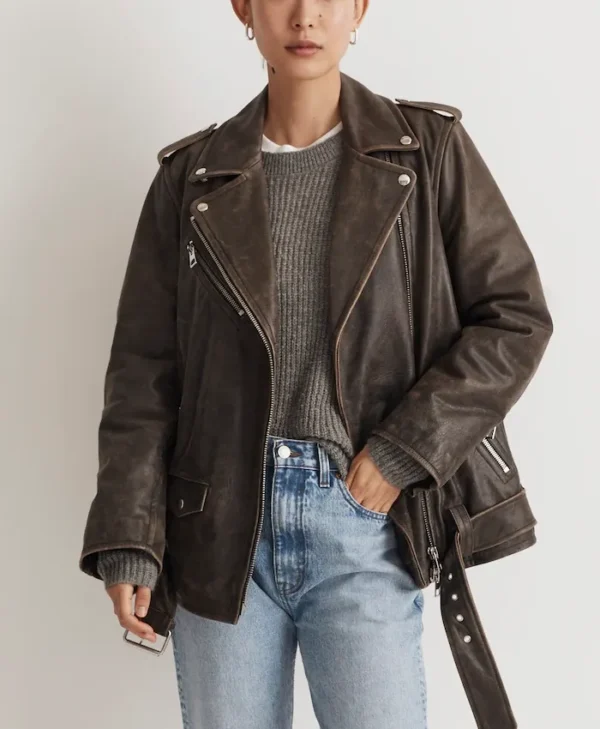 Vintage Brown Distressed Leather Biker Jacket Women Main webp