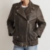 Vintage Brown Distressed Leather Biker Jacket Women Zipper webp