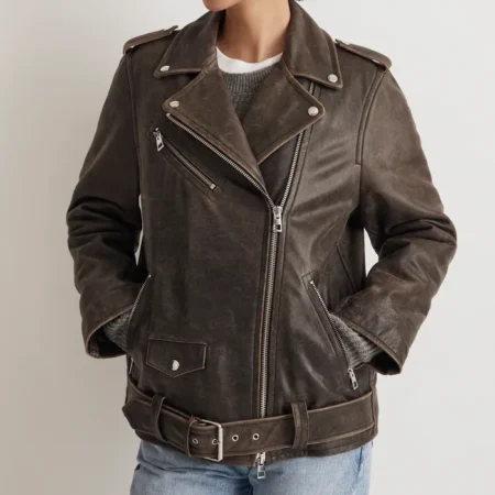 Vintage Brown Distressed Leather Biker Jacket Women Zipper webp