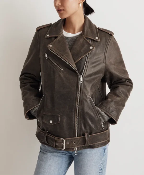 Vintage Brown Distressed Leather Biker Jacket Women Zipper webp