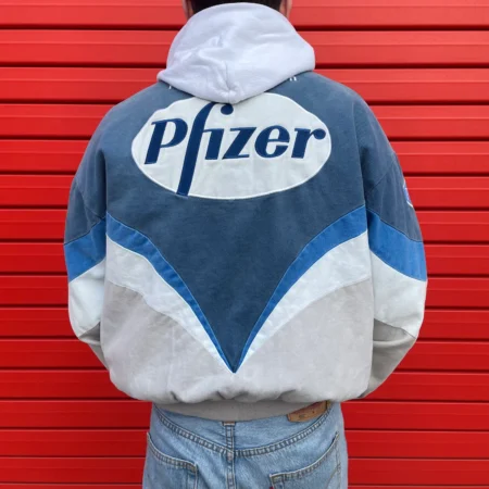 Vintage Pfizer Nascar Racing Jacket blue and white back