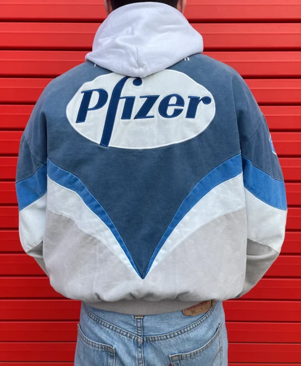 Vintage Pfizer Nascar Racing Jacket blue and white back
