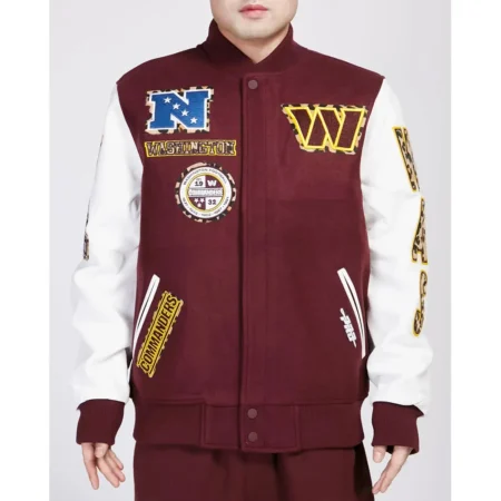 Washington Commanders Animal Patches Wine Varsity Jacket webp