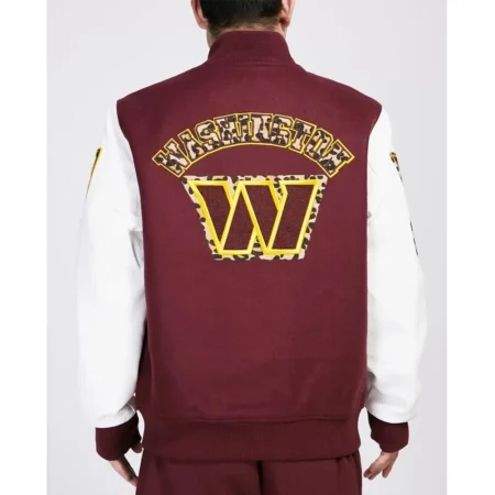 Washington Commanders Animal Patches Wine Varsity Jacket back webp