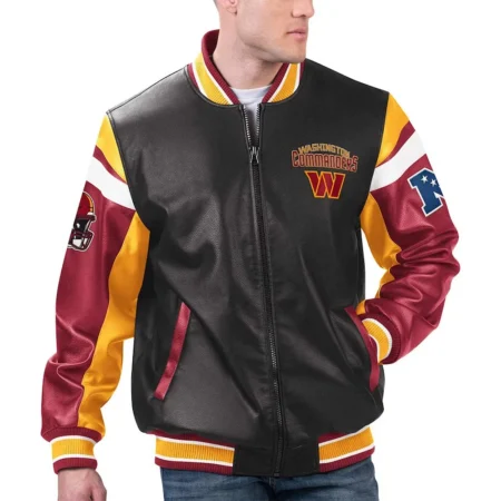 Washington Commanders Black Varsity Full Zip Leather Jacket webp