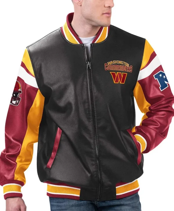 Washington Commanders Black Varsity Full Zip Leather Jacket webp