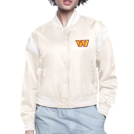 Washington Commanders Round Team Logo Cropped Cream Satin Jacket webp