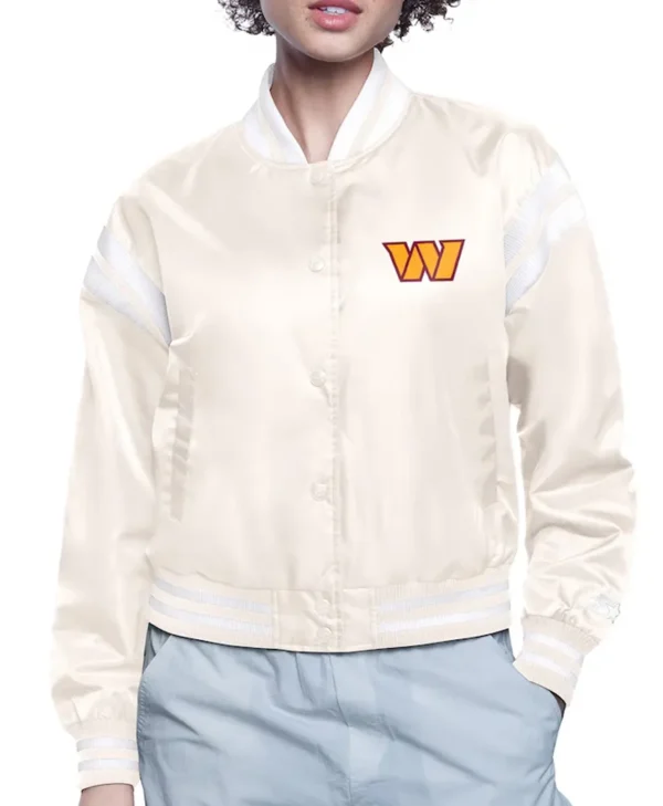 Washington Commanders Round Team Logo Cropped Cream Satin Jacket webp
